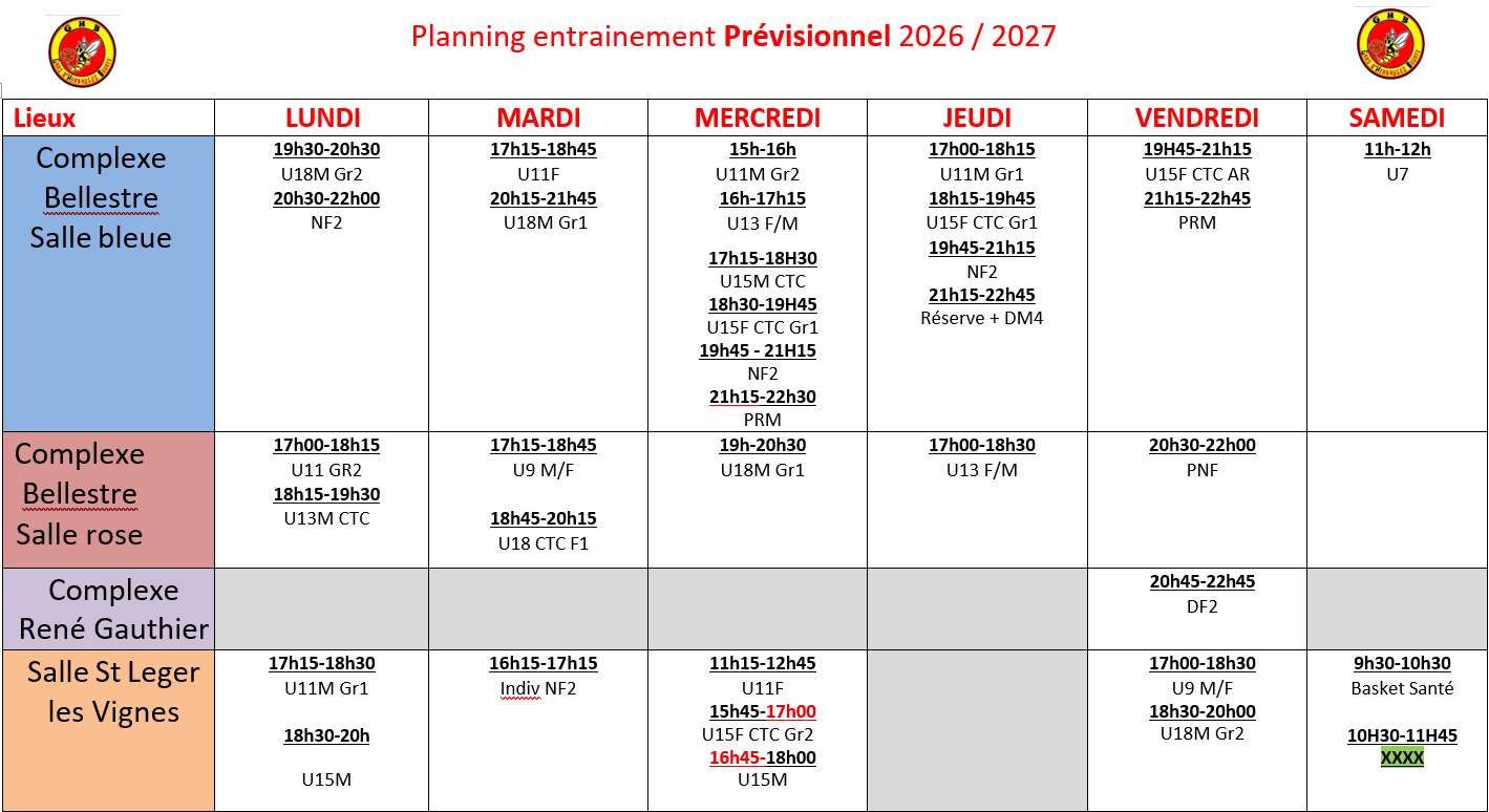 plannings PREVISIONNELS d'entrainement 2026-2027