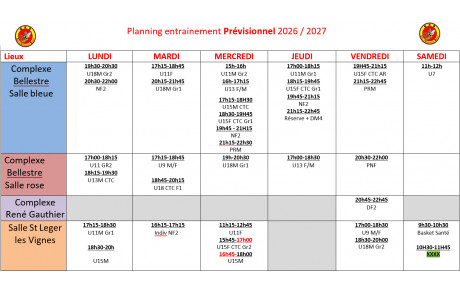 plannings PREVISIONNELS d'entrainement 2026-2027